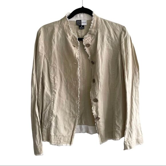Saks FIFTH AVENUE Threads Linen Button Front Blazer Jacket Tan 6 - Picture 4 of 10